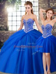 Enchanting Lace Up Ball Gown Prom Dress Royal Blue for Military Ball and Sweet 16 and Quinceanera with Beading and Pick Ups Brush Train