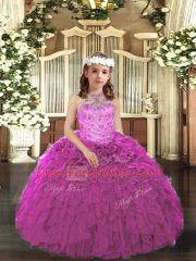 Sleeveless Floor Length Beading and Ruffles Lace Up Little Girl Pageant Gowns with Fuchsia