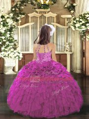 Sleeveless Floor Length Beading and Ruffles Lace Up Little Girl Pageant Gowns with Fuchsia