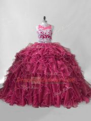 Classical Brush Train Two Pieces Sweet 16 Dress Hot Pink Scoop Organza Sleeveless Zipper