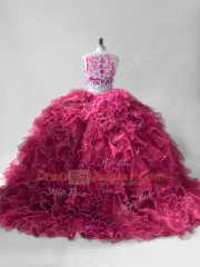 Classical Brush Train Two Pieces Sweet 16 Dress Hot Pink Scoop Organza Sleeveless Zipper
