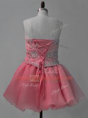 Mini Length Lace Up Prom Dresses Watermelon Red for Prom and Party and Military Ball with Beading