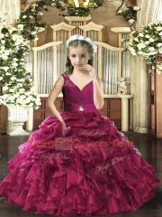 Fuchsia Sleeveless Floor Length Beading and Ruffles and Pick Ups Backless Kids Formal Wear