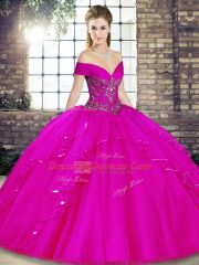 Dramatic Floor Length Fuchsia Vestidos de Quinceanera Tulle Sleeveless Beading and Ruffles