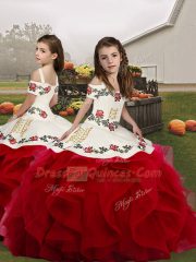 Embroidery and Ruffles Little Girls Pageant Dress Red Lace Up Sleeveless Floor Length