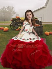 Embroidery and Ruffles Little Girls Pageant Dress Red Lace Up Sleeveless Floor Length