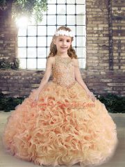 High End Peach Little Girls Pageant Dress Party and Wedding Party with Beading Scoop Sleeveless Lace Up