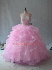 Suitable Floor Length Pink Sweet 16 Dress Scoop Sleeveless Backless