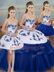 High End Sweetheart Sleeveless Quinceanera Gowns Floor Length Embroidery and Bowknot Royal Blue Tulle