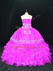 Elegant Fuchsia Organza Lace Up Strapless Sleeveless Floor Length Quinceanera Gowns Embroidery and Ruffles