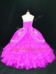 Elegant Fuchsia Organza Lace Up Strapless Sleeveless Floor Length Quinceanera Gowns Embroidery and Ruffles