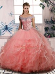 Floor Length Watermelon Red Quinceanera Dresses Off The Shoulder Sleeveless Lace Up