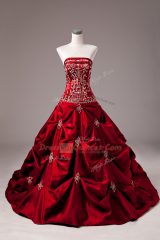 Taffeta Sleeveless 15th Birthday Dress Brush Train and Embroidery and Pick Ups