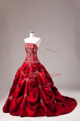 Taffeta Sleeveless 15th Birthday Dress Brush Train and Embroidery and Pick Ups