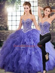 Sweetheart Sleeveless Tulle Quince Ball Gowns Beading and Ruffles Lace Up