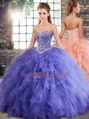 Sweetheart Sleeveless Tulle Quince Ball Gowns Beading and Ruffles Lace Up