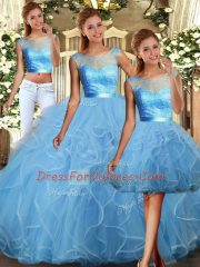 Suitable Baby Blue Sweet 16 Dress Military Ball and Sweet 16 and Quinceanera with Lace and Ruffles Scoop Sleeveless Backless