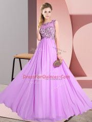 Empire Quinceanera Dama Dress Lilac Scoop Chiffon Sleeveless Floor Length Backless
