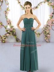 Vintage Peacock Green Empire Chiffon Sweetheart Sleeveless Ruching Floor Length Lace Up Dama Dress for Quinceanera