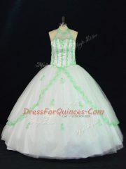 Sleeveless Tulle Floor Length Lace Up 15th Birthday Dress in White with Appliques
