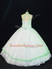 Sleeveless Tulle Floor Length Lace Up 15th Birthday Dress in White with Appliques