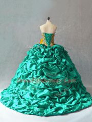 Sweetheart Sleeveless Sweet 16 Dresses Brush Train Beading and Pick Ups Turquoise Taffeta