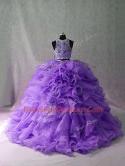 Elegant Sleeveless Floor Length Beading and Ruffles Zipper Quinceanera Gown with Lavender Brush Train