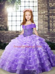 Trendy Lavender Lace Up Kids Formal Wear Beading and Ruffled Layers Sleeveless Brush Train