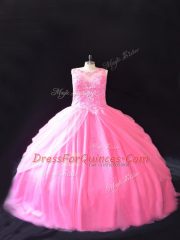 Eye-catching Beading Quinceanera Dress Rose Pink Lace Up Sleeveless Court Train