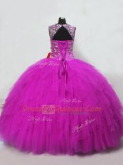Inexpensive Ball Gowns 15 Quinceanera Dress Fuchsia Straps Tulle Sleeveless Floor Length Lace Up