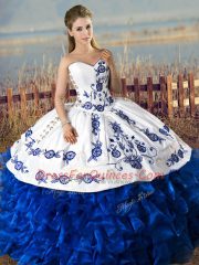 Blue And White Lace Up 15 Quinceanera Dress Embroidery and Ruffles Sleeveless Floor Length