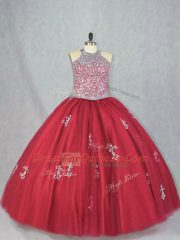 Unique Ball Gowns Sweet 16 Dress Red Halter Top Tulle Sleeveless Floor Length Lace Up