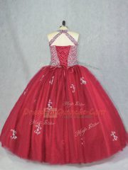 Unique Ball Gowns Sweet 16 Dress Red Halter Top Tulle Sleeveless Floor Length Lace Up