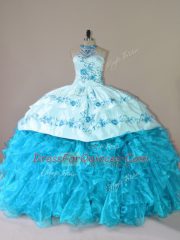 Aqua Blue Halter Top Lace Up Embroidery and Ruffles Quinceanera Dresses Court Train Sleeveless