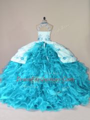 Aqua Blue Halter Top Lace Up Embroidery and Ruffles Quinceanera Dresses Court Train Sleeveless