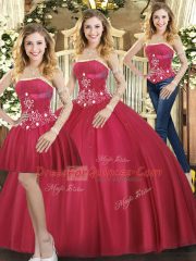 Super Red Tulle Lace Up Quinceanera Dress Sleeveless Floor Length Beading