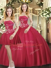 Super Red Tulle Lace Up Quinceanera Dress Sleeveless Floor Length Beading
