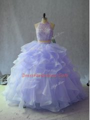 Lavender Sweet 16 Quinceanera Dress Sweet 16 and Quinceanera with Beading and Ruffles Halter Top Sleeveless Backless