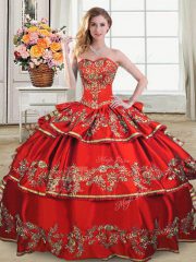 Flare Red Lace Up Sweetheart Embroidery and Ruffled Layers 15 Quinceanera Dress Satin and Organza Sleeveless