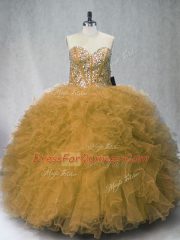Olive Green Ball Gowns Beading and Ruffles Ball Gown Prom Dress Lace Up Tulle Sleeveless Floor Length