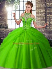 Ball Gowns Tulle Halter Top Sleeveless Beading and Pick Ups Lace Up Ball Gown Prom Dress Brush Train