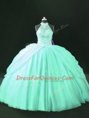 Apple Green Lace Up Halter Top Beading Ball Gown Prom Dress Tulle Sleeveless
