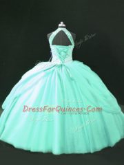 Apple Green Lace Up Halter Top Beading Ball Gown Prom Dress Tulle Sleeveless