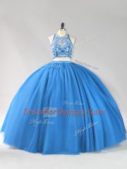 Blue Sleeveless Floor Length Beading Backless Quince Ball Gowns