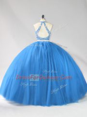 Blue Sleeveless Floor Length Beading Backless Quince Ball Gowns