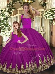 Tulle Halter Top Sleeveless Lace Up Embroidery 15 Quinceanera Dress in Fuchsia