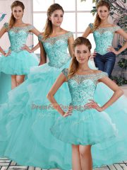 Enchanting Aqua Blue Off The Shoulder Lace Up Beading and Ruffles Quinceanera Gowns Sleeveless