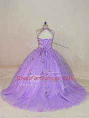 Flirting Tulle Sleeveless Sweet 16 Dresses Brush Train and Beading and Embroidery