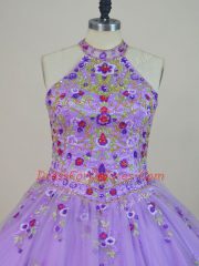 Flirting Tulle Sleeveless Sweet 16 Dresses Brush Train and Beading and Embroidery