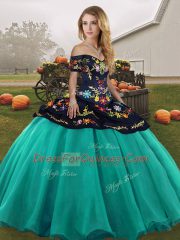 Tulle Off The Shoulder Sleeveless Lace Up Embroidery Sweet 16 Quinceanera Dress in Turquoise